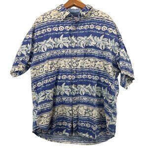 Vintage Bugle Boy Mens Button Shirt Sz XL Blue Hawaiian Floral Beachy Tropical